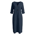 thumbnail image 6 of Women's Solid Midi Dress, Cowl Neck 3/4 Sleeve Button Detail Loose Casual Dress with Side Pockets for Summer Daily Outfits Navy L(L), 6 of 6