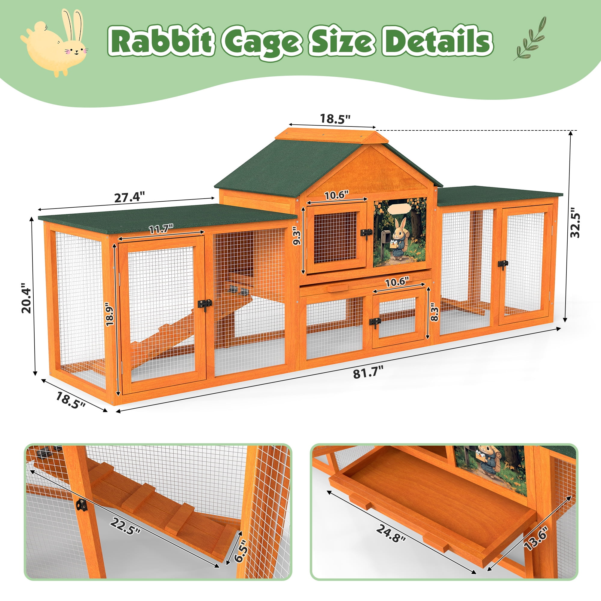 83”Large Wooden Rabbit Hutch Outdoor Easy to Assemble，Rabbit Cage Bunny Hutch Indoor with Cleaning Tray & Waterproof Roof for Small&Medium Bunny Rabbit，Orange