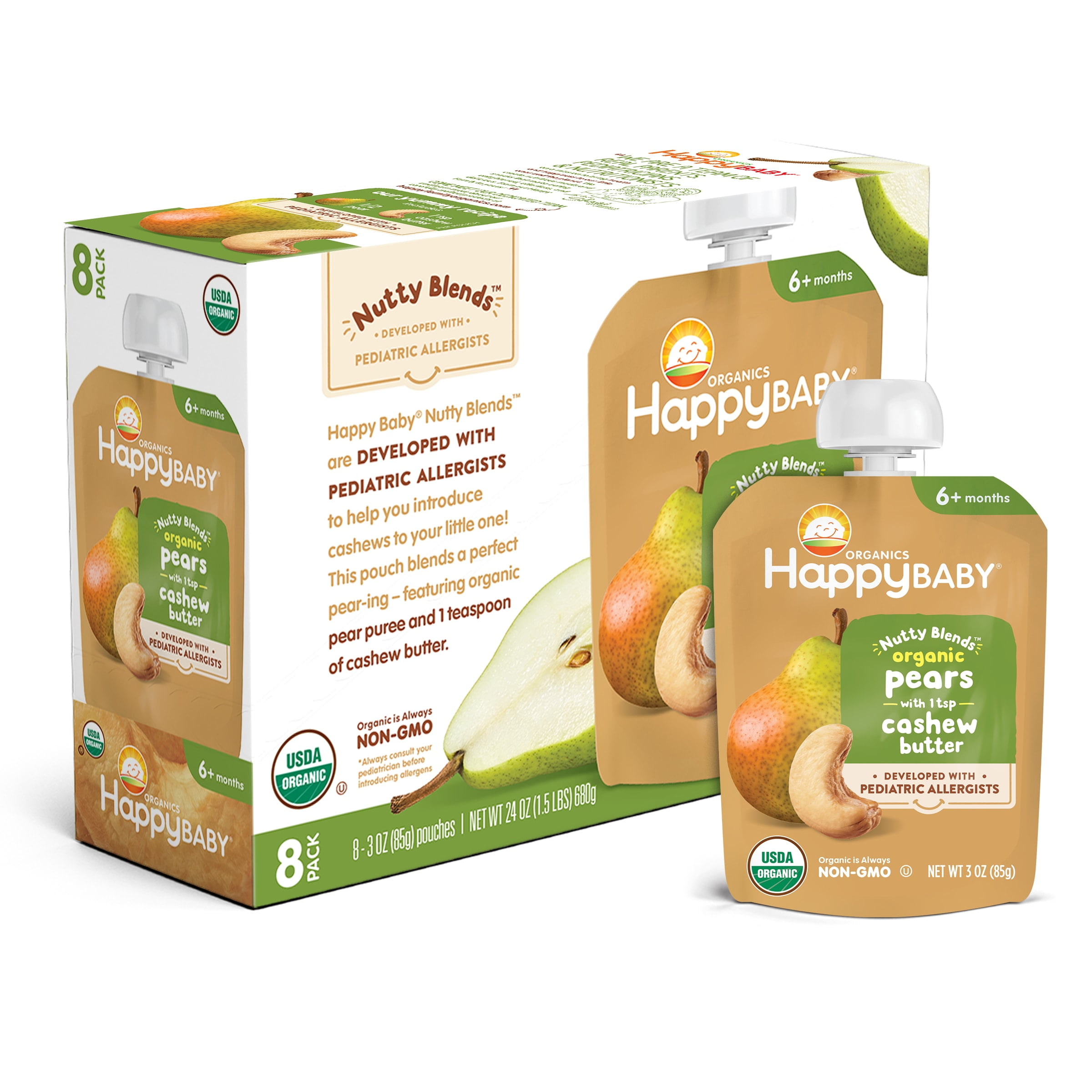 (8 Pouches) Happy Baby Organics Nutty Blend Organic Pears with Cashew Butter, 3oz
