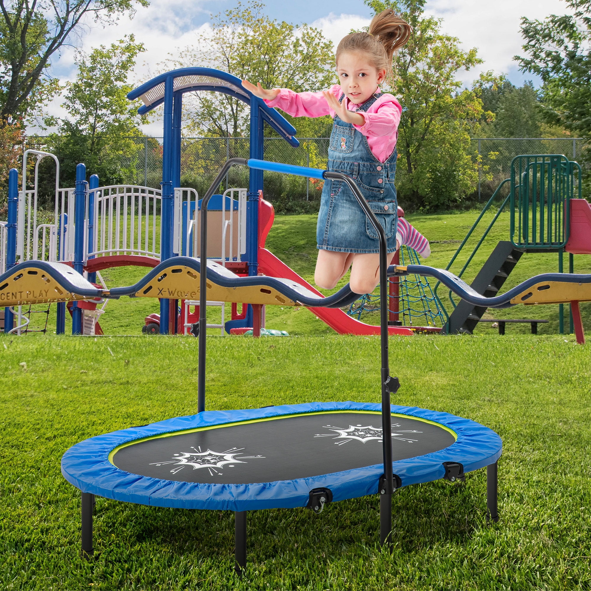 Mini Rebounder Trampoline with Adjustable Handle for Two Kids, Indoor