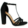 "#Limelight03M by Bamboo, Black Open Toe Dress Sandal, T-Strap Ankle Strap, Chunky Block Heel, Women Shoes"