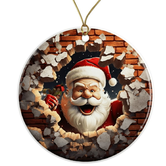 Funny Santa Ornament - Breaking Through Brick Wall - Christmas Decor - Holiday Gift - Santa Claus Christmas Tree Ornament Ceramic Ornament - 3 Inch Christmas Tree Round Ornament ORNW0179