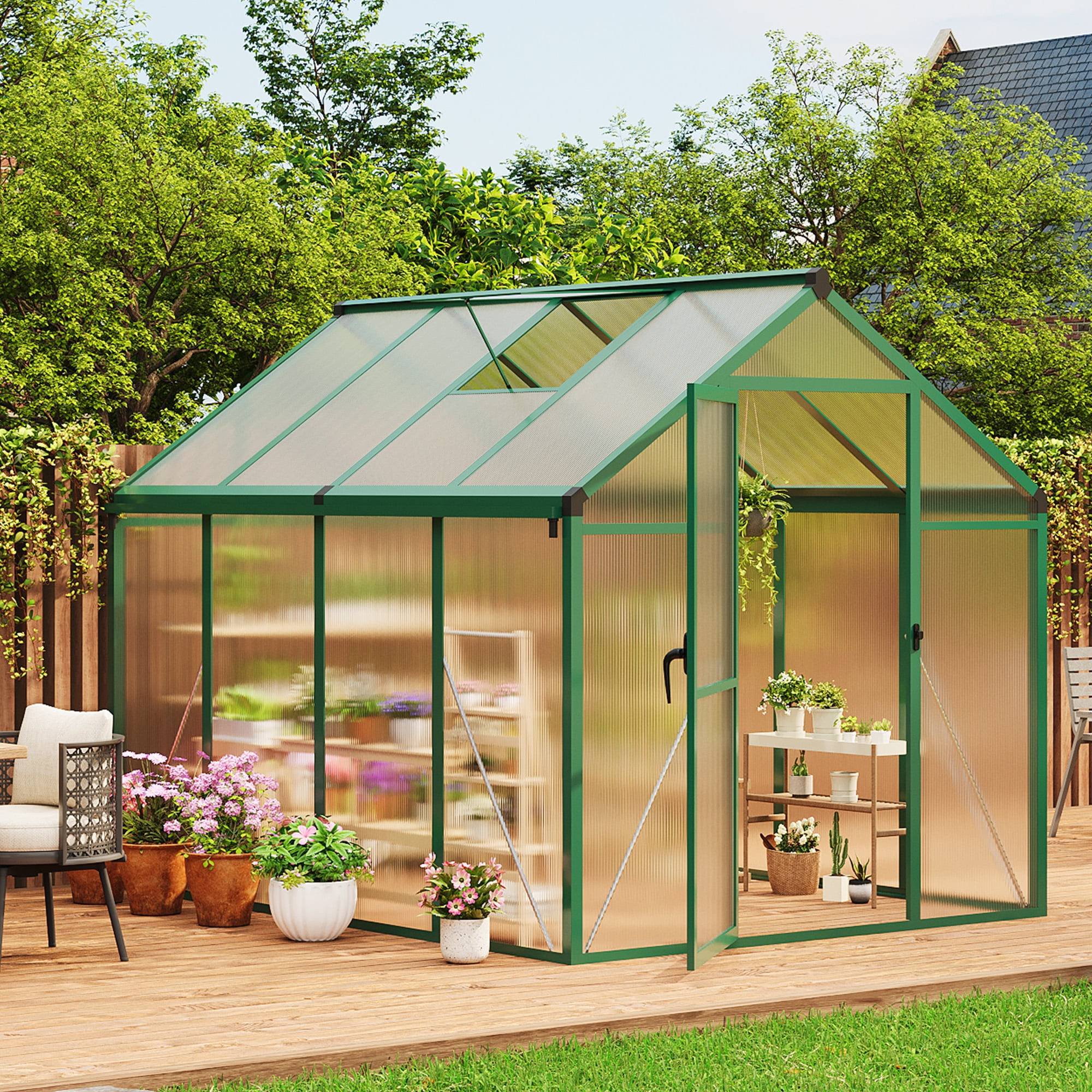 Amkui Large Aluminum Walk-in Green Houses for Outdoors, Polycarbonate Greenhouse with Sliding Doors & Roof Vent, Sunroom Winter Greenhouse for Outside Patio, Backyard, Garden