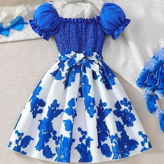WOYY Girls Flower Print A Line Dress Short Puff Sleeve Smocked Princess Dress, Sizes 3-10