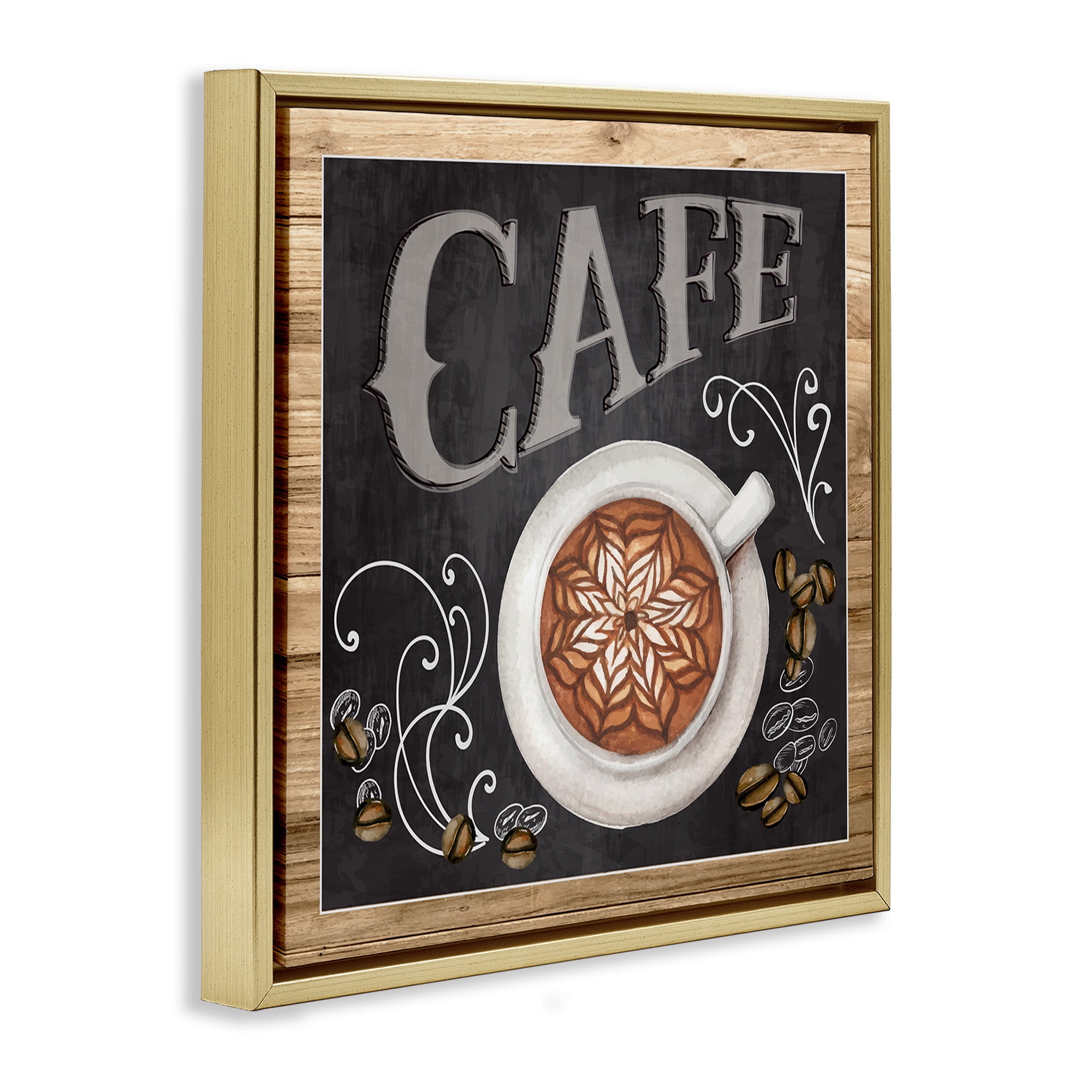 Stupell Industries Chalkboard Style Cafe Sign Food & Beverage Painting Gold Floater Framed Canvas Art Print Wall Art, 25 x 25