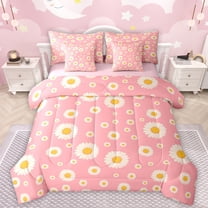 Manfei Cute Flowers 7-Piece Twin Bedding Sets,Kawaii Daisy Bedding Comforter Set,Yellow Pink Sheet Sets For Girls Kids,Ultra Soft Home Decor Reversible