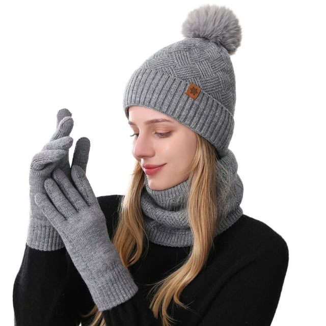 FYEGRE Winter Warm Knitted Scarf Hat Set Thermal Lined for Outdoor Riding and Cold Weather Grey One Size