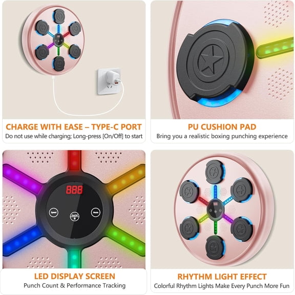 Music Boxing Machine for Adults & Kids - Wall Mounted Punching Machine with LED & Bluetooth, Smart Boxing Trainer for Home Gym, Reflex Speed Training & Stress Relief