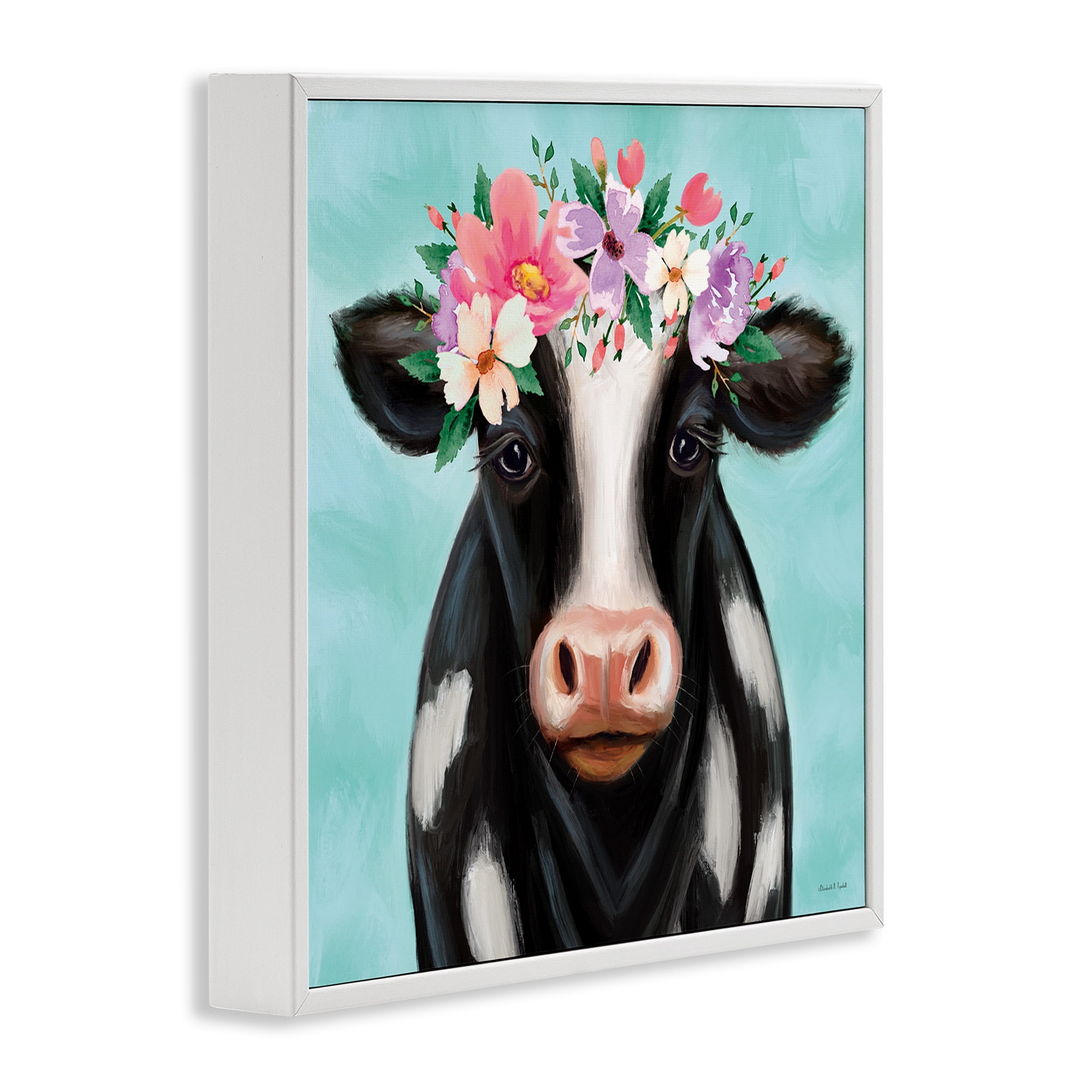 Stupell Industries Cow with Pastel Flowers Animals & Insects Painting White Framed Art Print Wall Art, 24 x 24