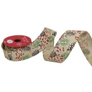 Holiday Time Decorative Gift Wrap Fabric Ribbon, Berry and Pine Cone, Red; Green,1.5"/15'