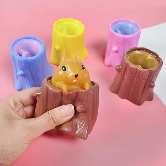 Goowood Squirrel Cup Squeeze Toys for Kids Tree Stump Pop Up Toy Stress Relief Squishy Animal Figurine Decompression Pen Holder for Boys