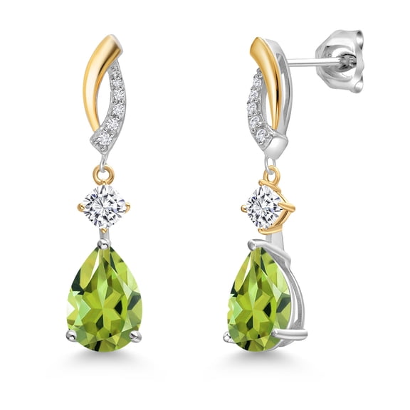 Gem Stone King 925 Silver and 10K Yellow Gold Green Peridot and White Moissanite and White Lab Grown Diamond Earrings for Women | 4.15 Cttw | Gemstone August Birthstone | Pear Shape 10X7MM