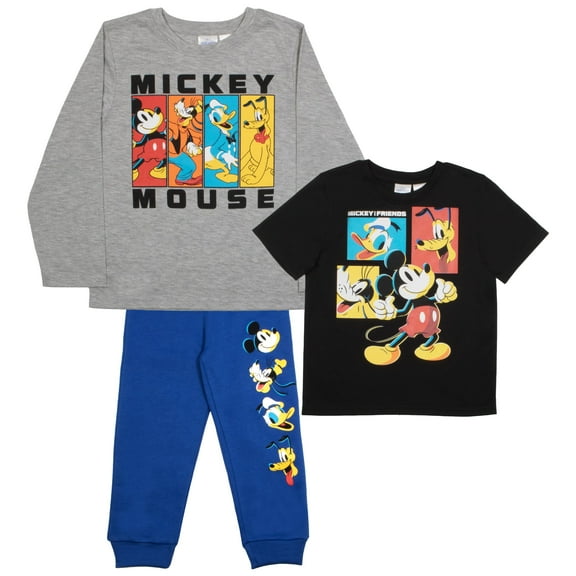 Disney Mickey Mouse Cartoon Group Boys Long Sleeve T-Shirt Sweatpants 3-Piece for Kids and Toddlers (Size 4-8)
