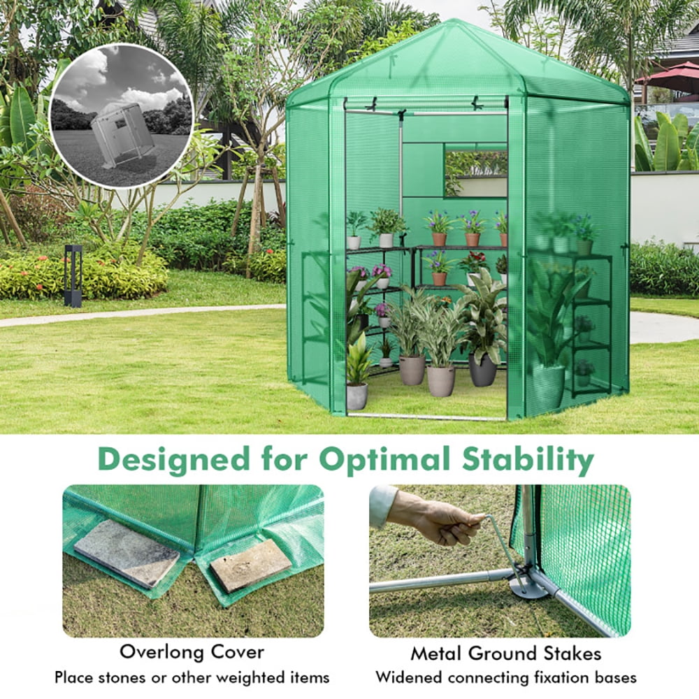 GVN Walk-In Hexagonal Greenhouse with PE Cover and Metal Frame, Walk-in Green House, Portable Greenhouse  for Planting and Storage