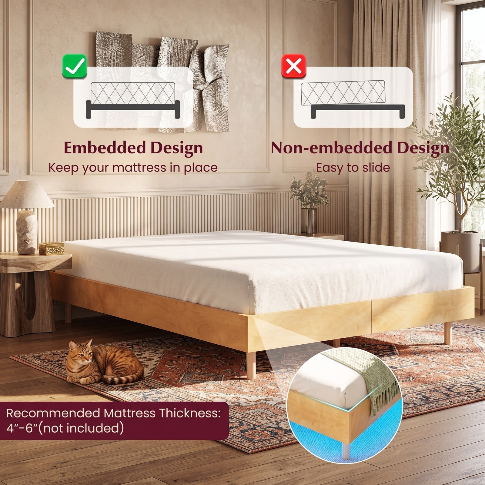 Furnibear Queen Bed Frame Floating Wood Platform Bed with RGB LED Lights and Remote Control, No Box Spring Needed, Natural