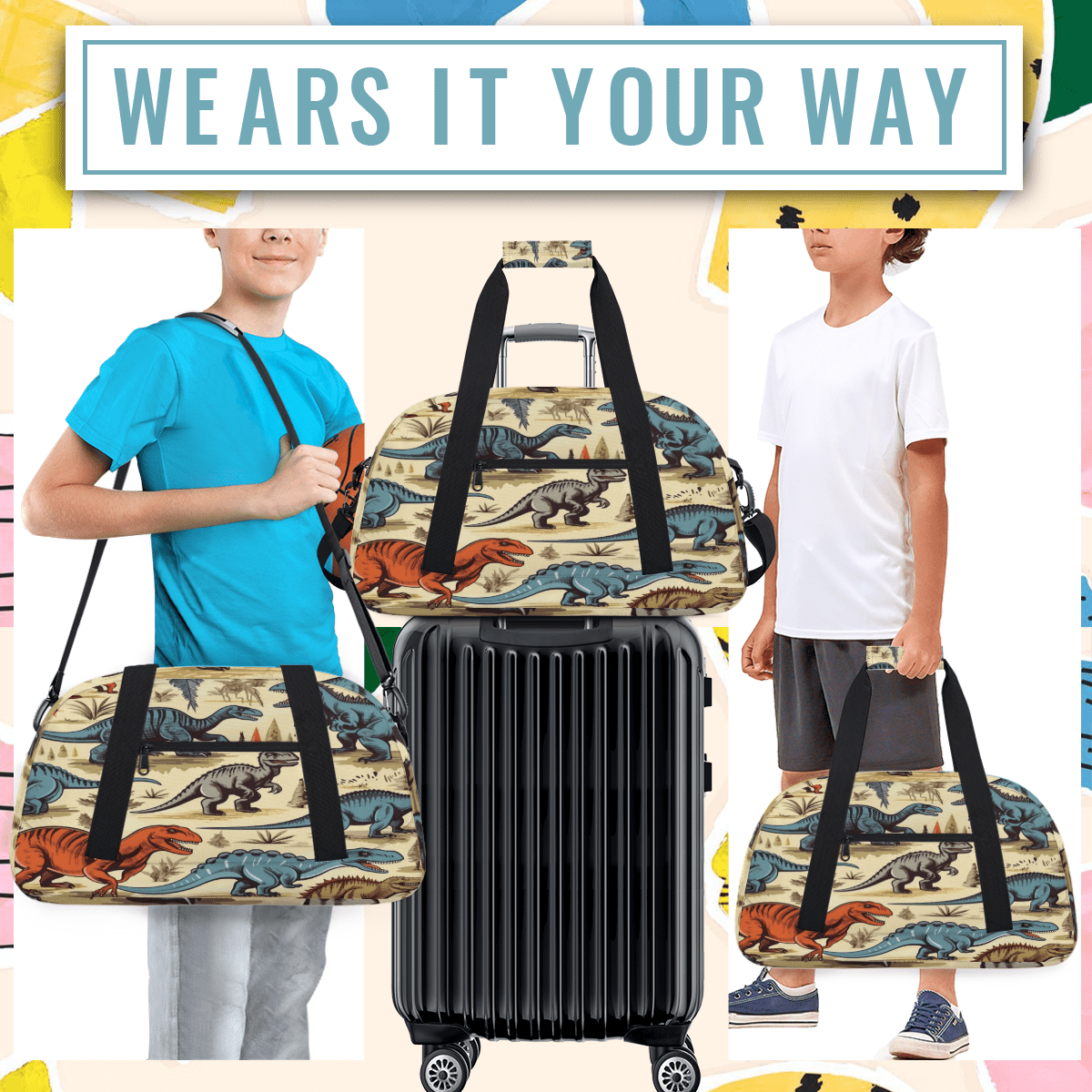 Herdesigns Dinosaur Cartoon Dino Sports Duffle Bag for Women & Men, Gym Bag Dance Bag Overnight Bag Carry On Weekender Travel Bag