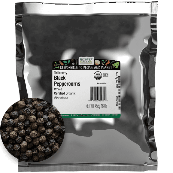 Frontier Co-op Certified Organic Whole Black Tellicherry Peppercorns, 16 oz Bag