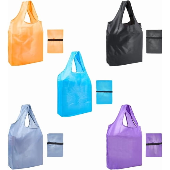 5 Pack 5 Colors Reusable Grocery Bags Foldable Large Shopping Bag Bulk Lightweight Washable Pocket Heavy Duty Tote Bags with Handles Polyester