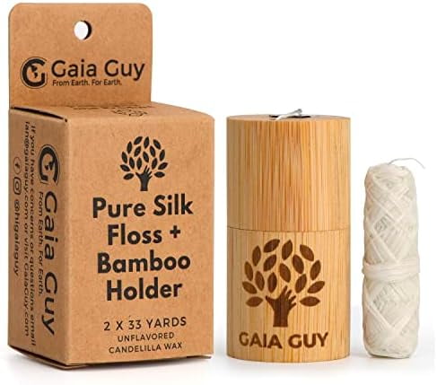 Natural Unflavored Silk Dental Floss with Floss Refill & Reusable Bamboo Holder | 2 x 33yds Compostable Pure Silk Waxed with Candelilla Wax | Plastic-Free Packaging