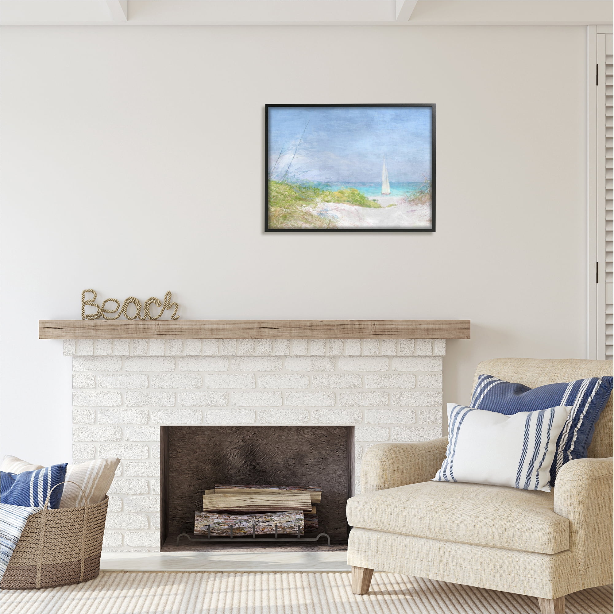 Stupell Industries Sailboat & Beach Path Transportation Painting Black Framed Art Print Wall Art, 30 x 24