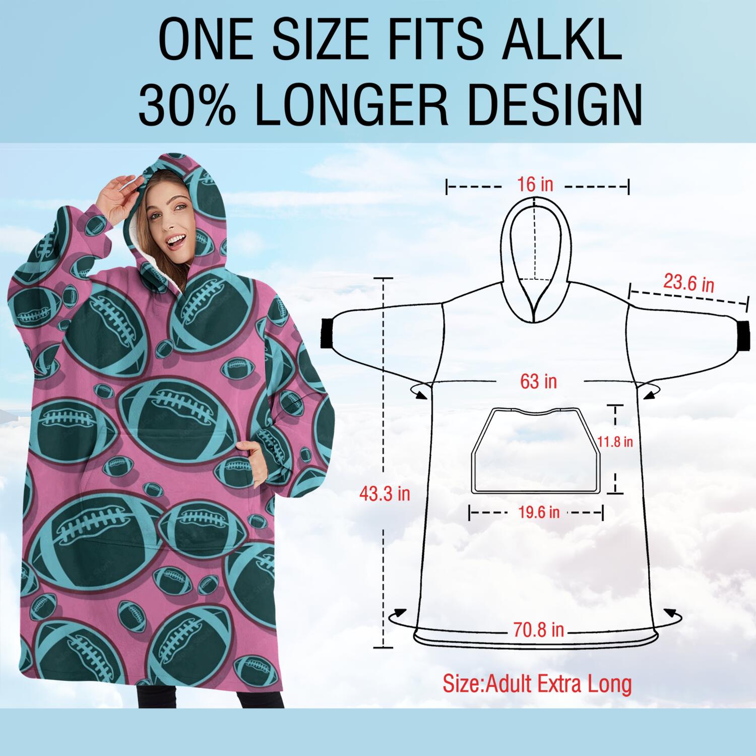Oversized Wearable Blanket Hoodie,Football Pattern Sherpa Blanket Hoodie with Super Pockets,Super Warm Fuzzy Pullover for Women & Men
