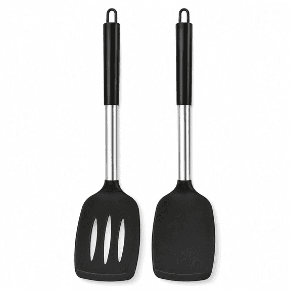 PLERISE Silicone Kitchen Spatula Set, Non Stick Solid and Slotted Turner, Heat Resistant BPA-Free, Black, 2 pack