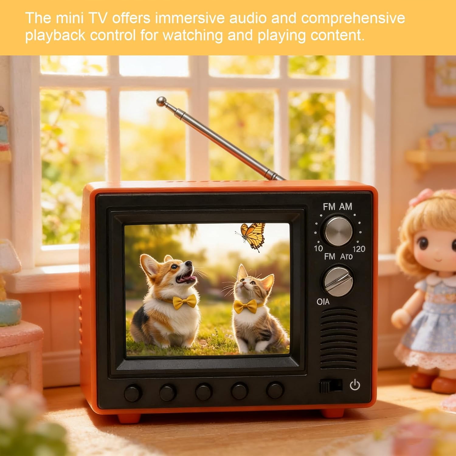 Tiny Retro Television, 2.4 Inch Mini TV for Dollhouse with USB and Battery(XX)