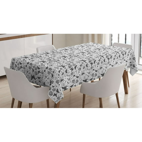 Black and White Tablecloth, Monochrome Butterflies and Petals of Spring on Dotted Swirled Background, Rectangle Satin Table Cover for Dining Room and Kitchen, 60" X 84", Black White, by Ambesonne