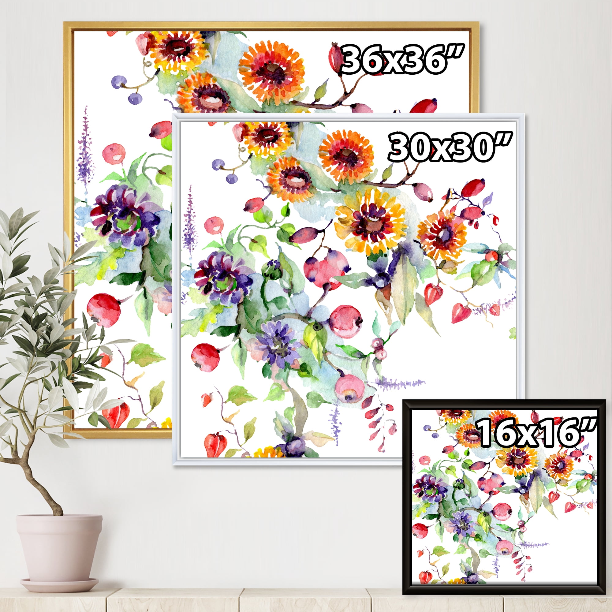 Designart 'Wildflowers and Vibrant Wild Spring Leaves XI' Modern Framed Canvas Wall Art Print