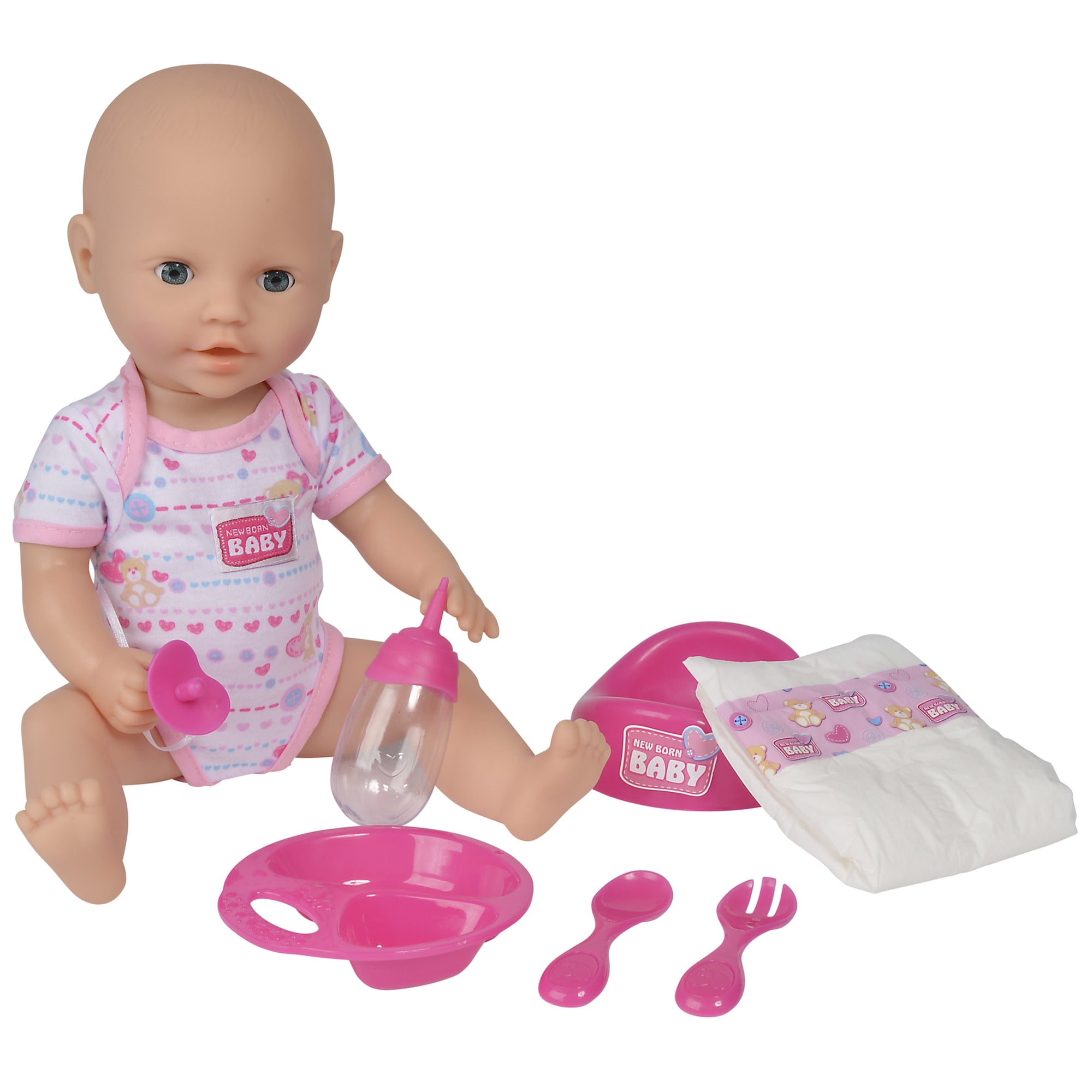 Simba Toys: Newborn: Drink & Wet - 15" Baby Doll & 7pc Toy Accessories - Pink-Heart-Teddy Bear Onesie, Potty Toilet, Bottle, Diaper & More, Kids 3+