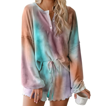 

Eytino 2 Piece Pajamas for Women Tie Dye Long Sleeve Sleepwear Tops with Shorts Pj Set Loungewear Nightwear