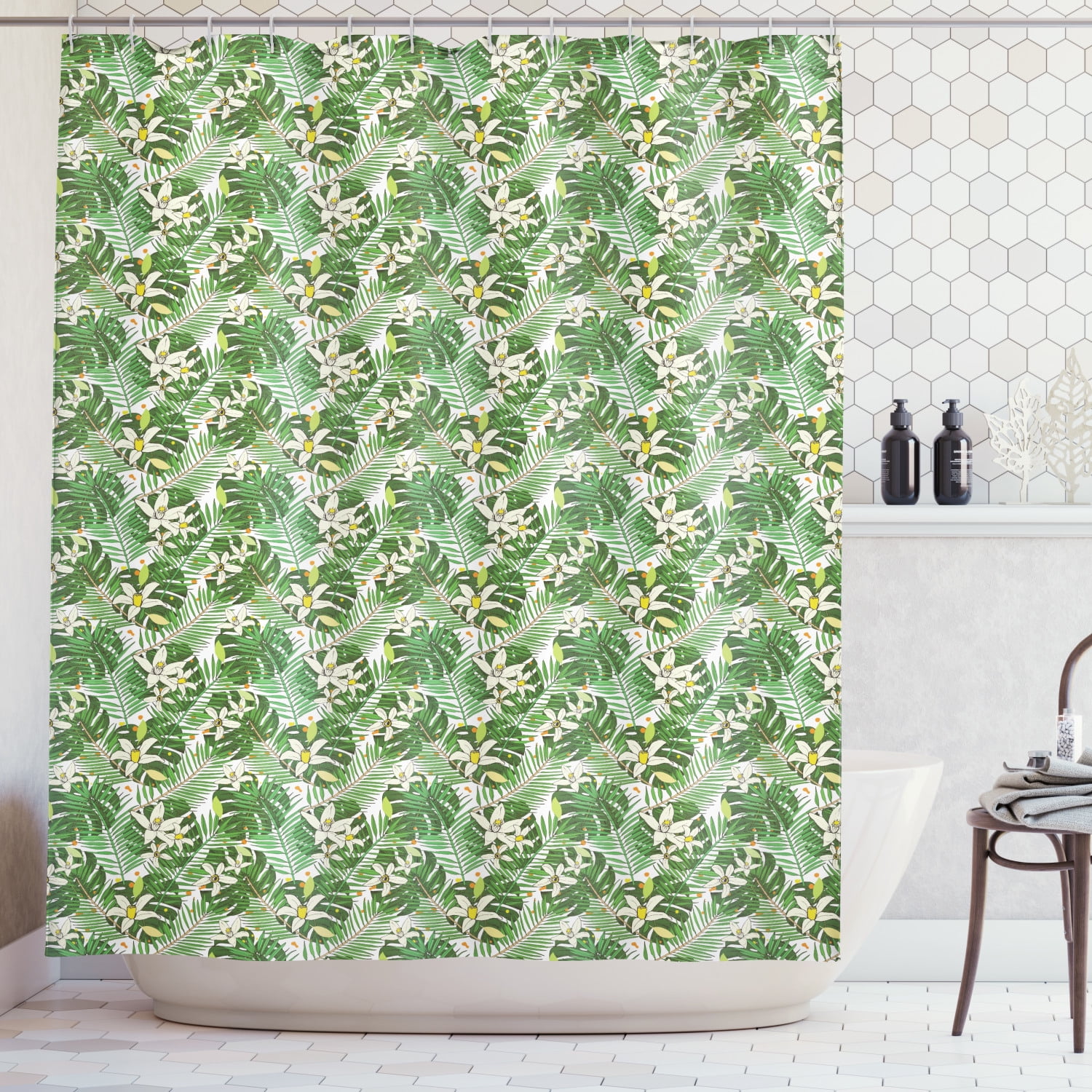 Tropical Shower Curtain, Composition of Flowers and Fern Leaves Exotic