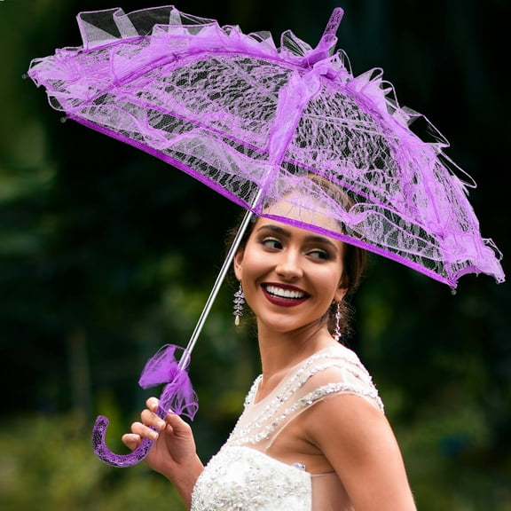 HONMEET 1Pack Wedding Umbrella for Bride Lace Parasol Purple Round Shape Elegant Design