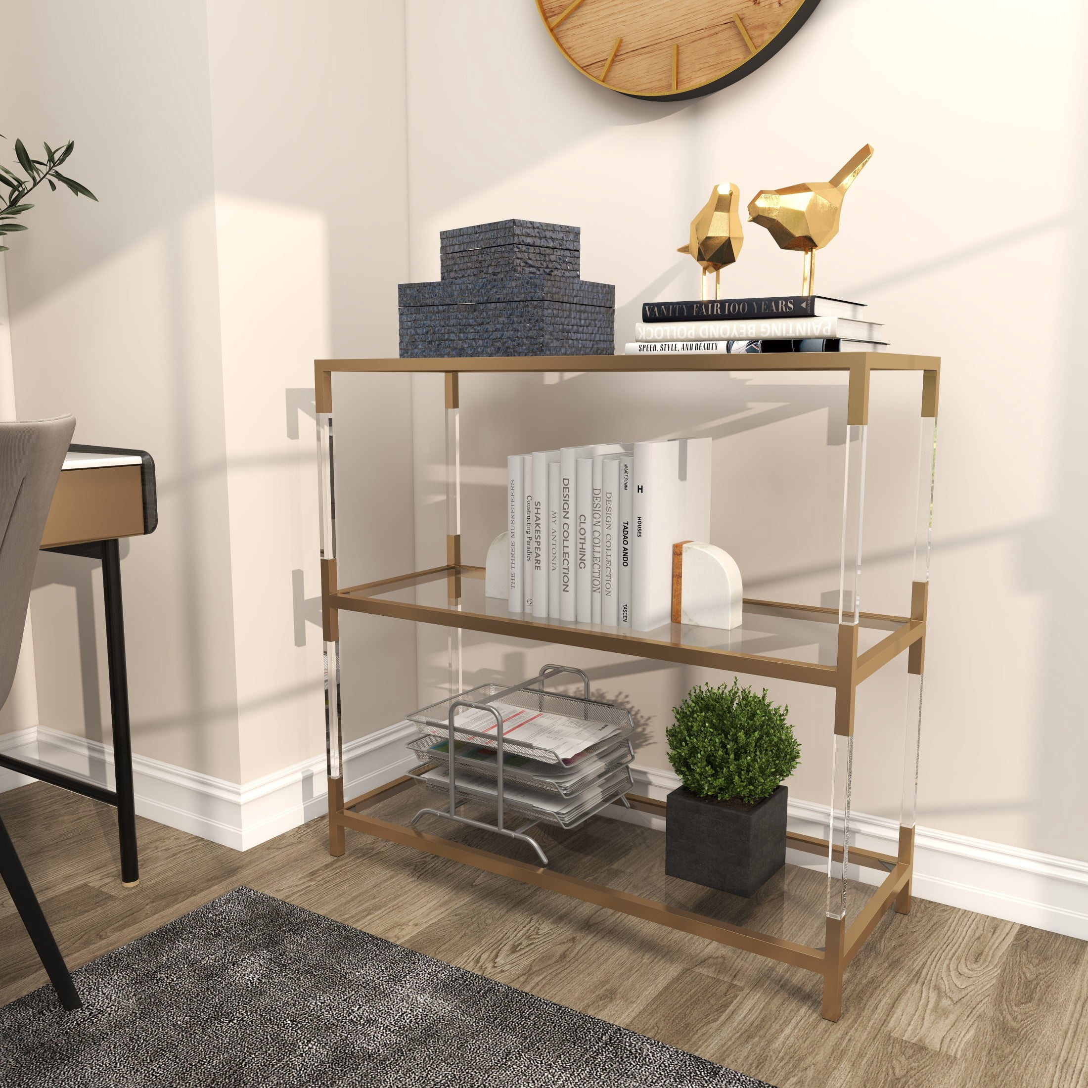 DecMode 38" x 36" Gold Metal 2 Shelf Console Table with Clear Glass Top and Acrylic Legs, 1-Piece