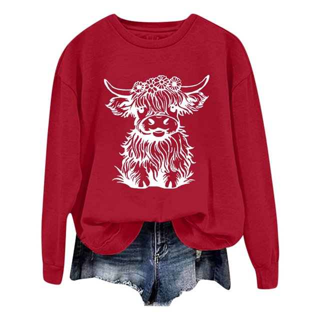 WEAIXIMIUNG Chandails en Molleton pour Femmes Tendance Fermeture à Glissière Automne et Hiver 2024 Col Rond Mode Imprimé Vache Manches Longues Mode Décontractée Top Sortie