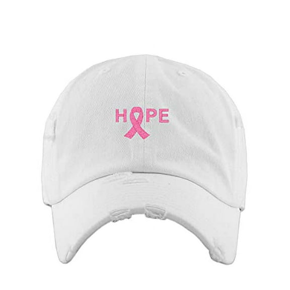 Hope with Ribbon Vintage Baseball Cap Embroidered Cotton Adjustable Distressed Dad Hat White