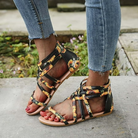 

Summer Cross-tied Zipper Flat Sandals Woven Thong Women Ladies Sandals