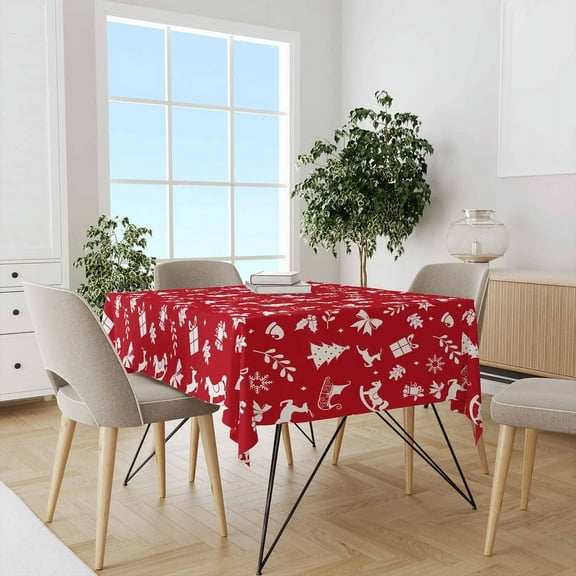 XAJAT 52‘‘x52'' Christmas Red Rectangle Tablecloth, Cotton Linen Table Covers with Christmas Tree Gifts Prints