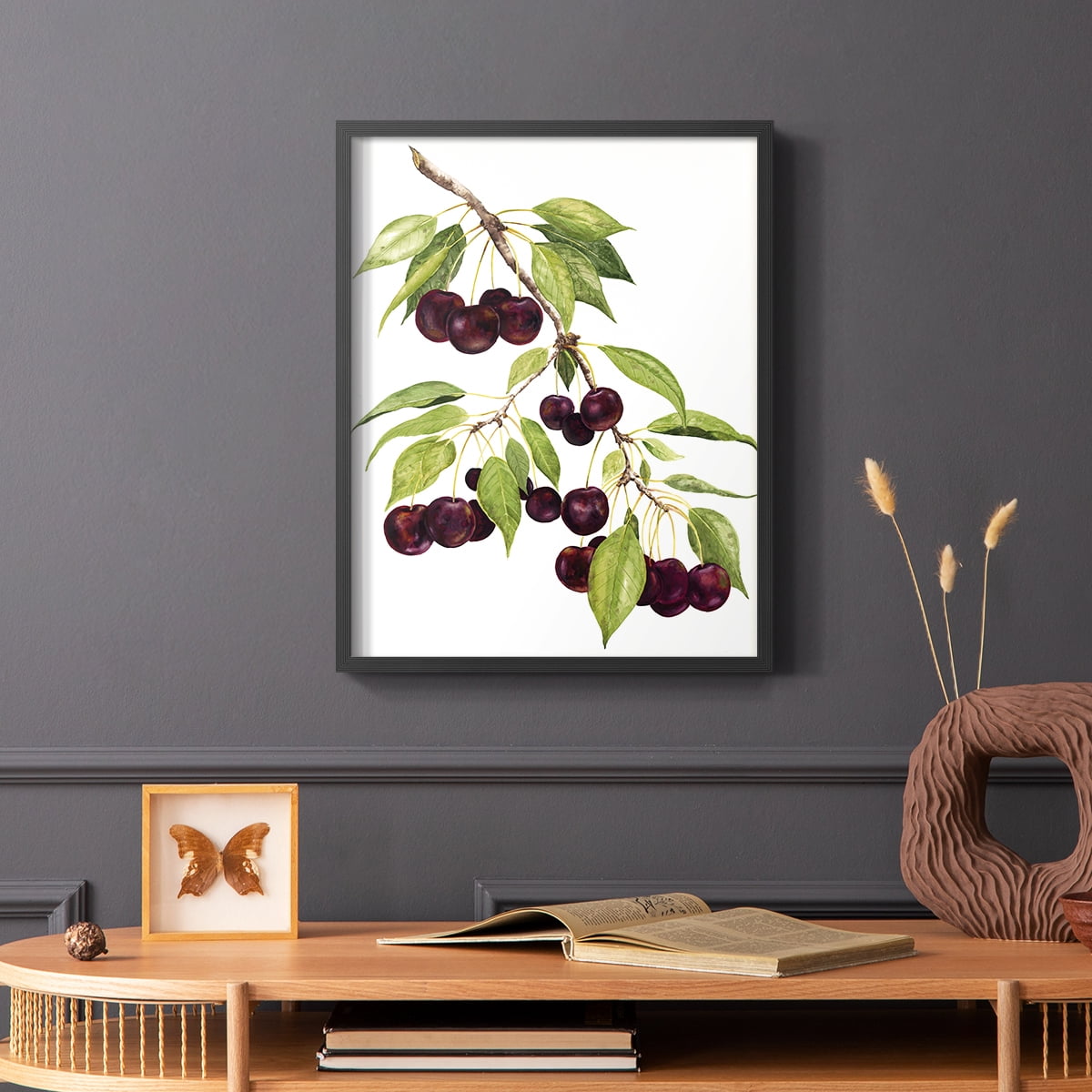 Watercolor Cherries Framed Print in Black Solid Wood 11 x 14 Framed Print