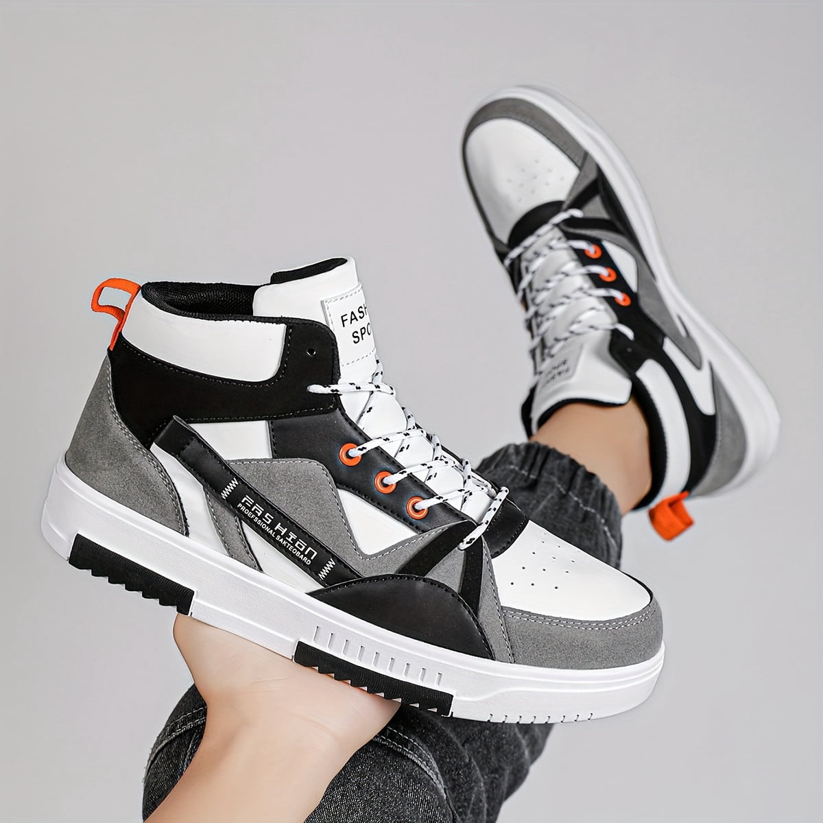 [sneakers] Men'S Letter-Patterned Color-Blocking Lace-Up Sports Comfortable Skate Shoes, Outdoor Non-Slip High-Top Athletic Hiking Shoes, Perfect for Everyday Casual Outdoor Activities