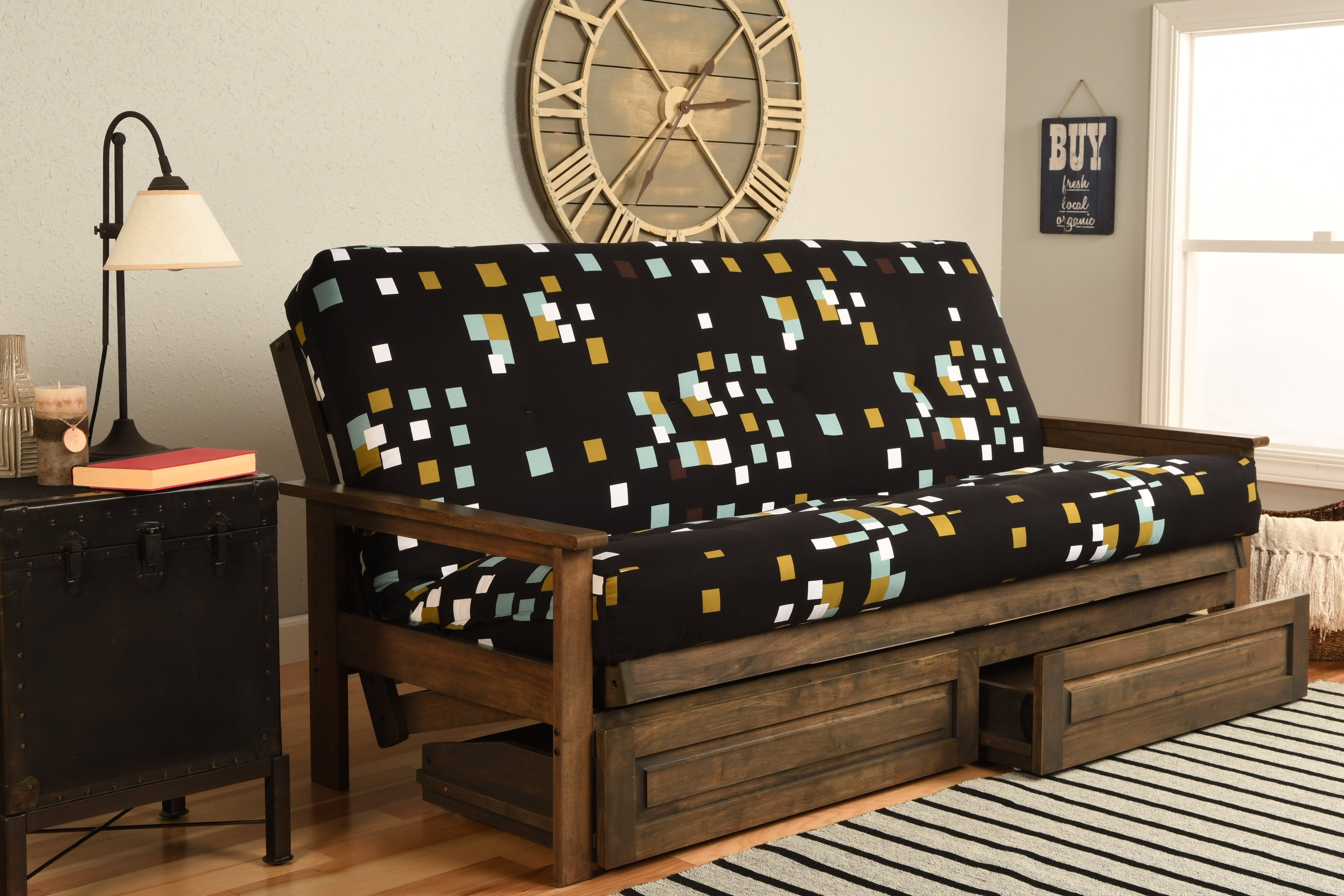 Albany Futon with storage in Rustic Walnut Finish, Multiple Colors