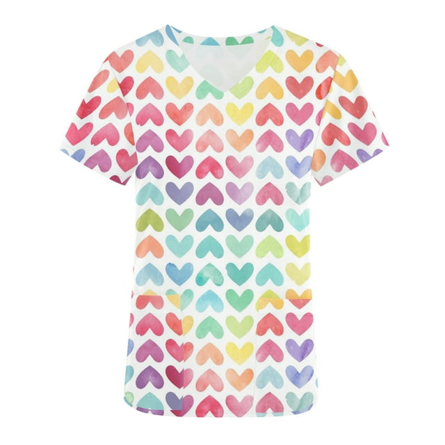 TIMIFIS Womens Nursing Scrub Tops Valentine's Day Working Uniform Short Sleeve V Neck Workwear Blouse T-shirt with Pockets-Multicolor - Spring