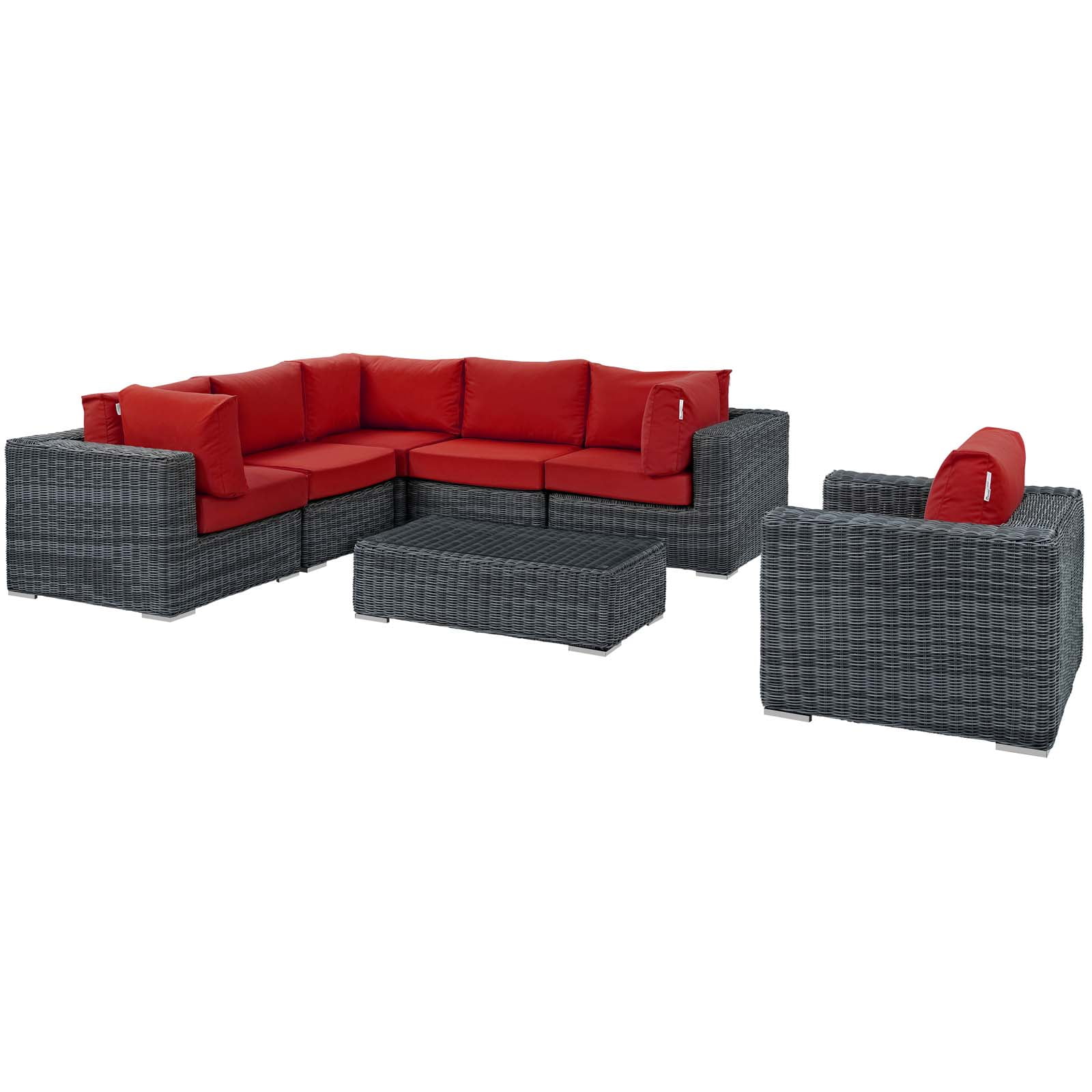 Modway Summon 7-Piece Aluminum Rattan Patio Sectional Set in Canvas/Red