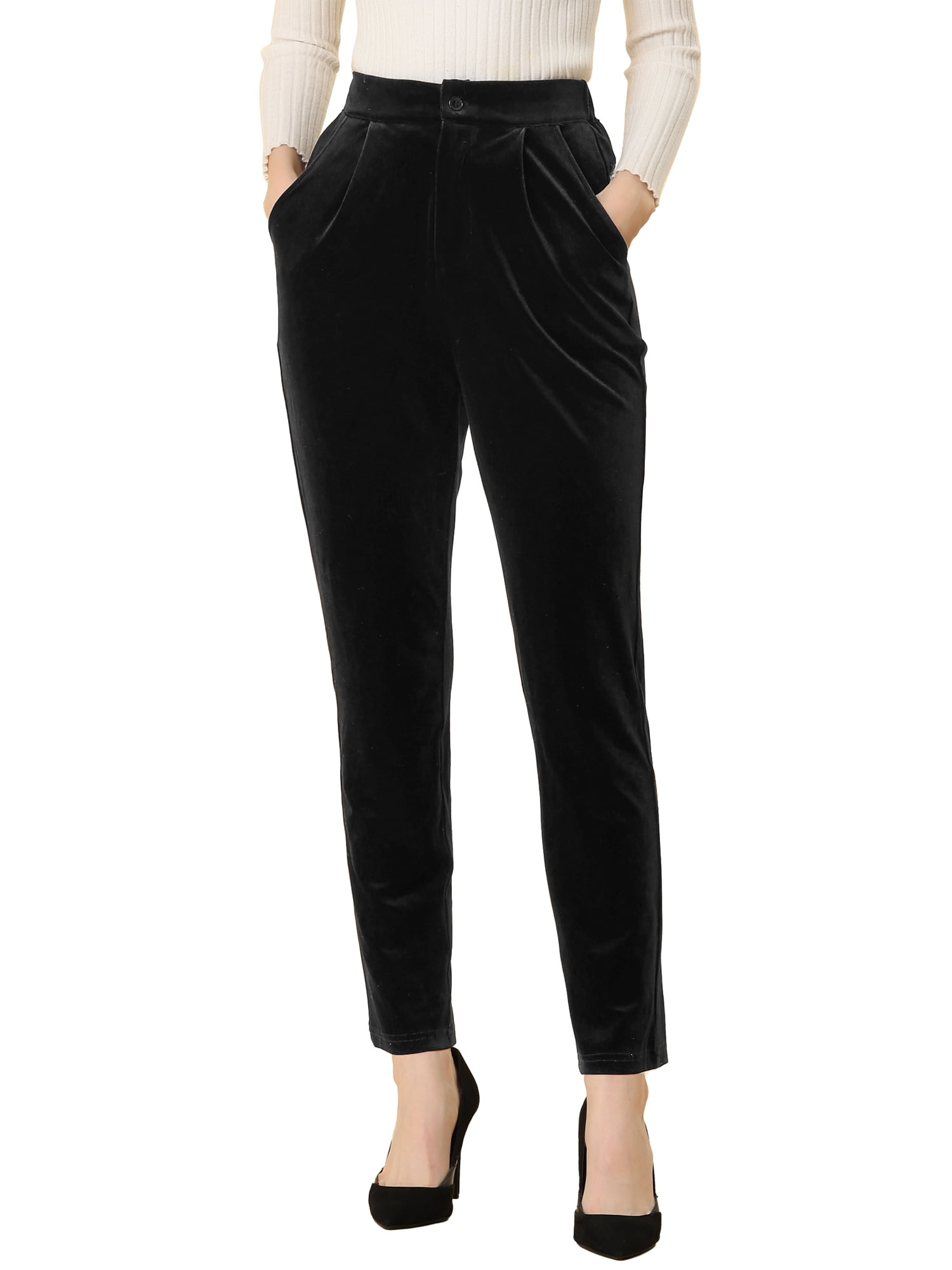 DARING DIVA Women's Elegant Velvet High Waist Trousers Work Pants M Black