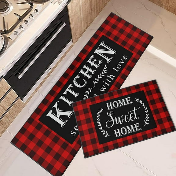 Kitchen Mats Non Skid Washable Set of 2, Black Red Buffalo Plaid Runner Rug, Farmhouse Quotes Floor Under Sink Mat Throw Rug for Kitchen Doormat