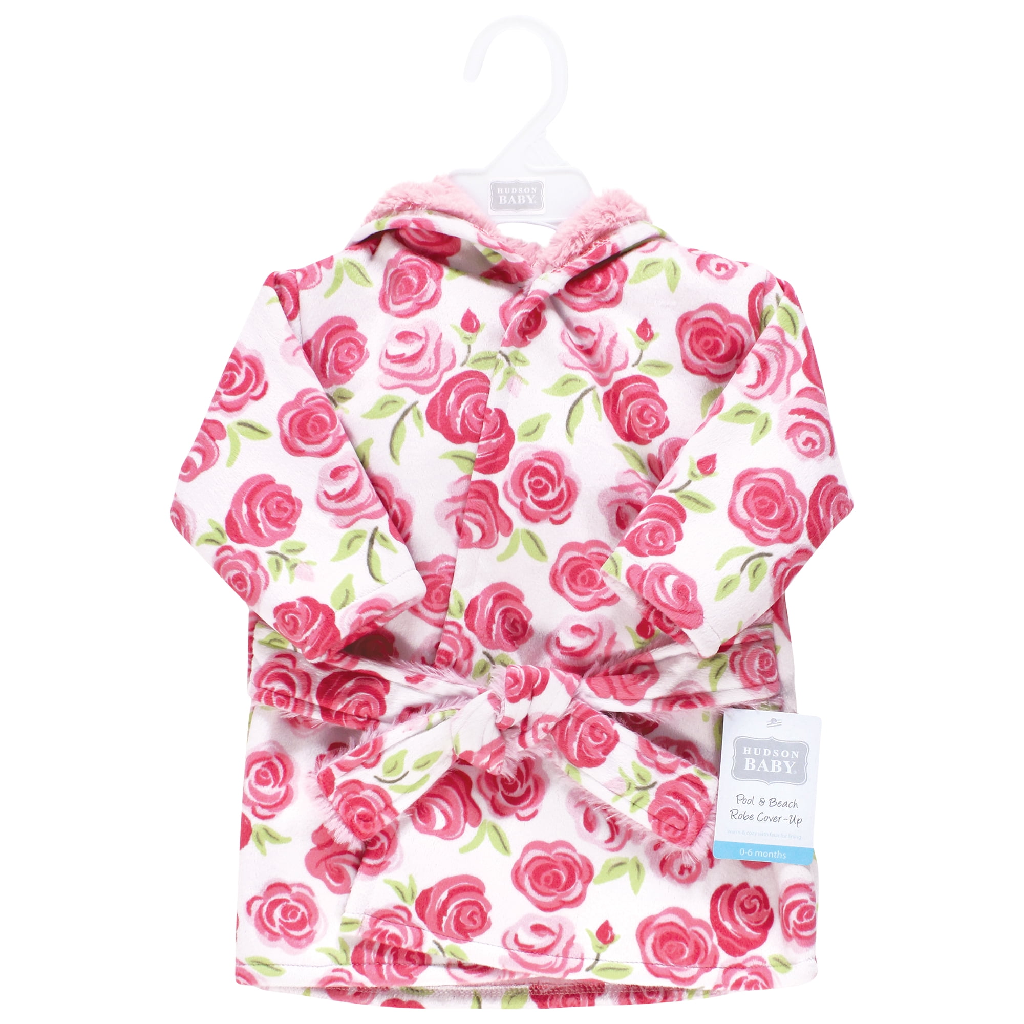 Hudson Baby Girls Mink with Faux Fur Lining Pool and Beach Robe Cover-ups, Pink Roses, 6-12 Months