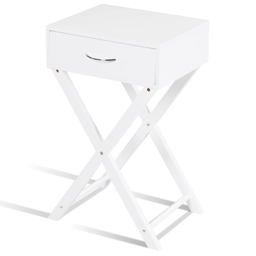 Finihen X-Shape End Table, Design Sofa Side Table with X-Shape Drawer, Sofa Side Table, Bed Side Table, for Living Room, Bedroom, White