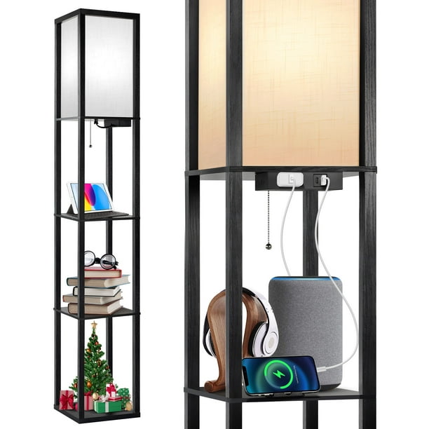 Outon Floor Lamp with Shelves, USB Port, Linen Shade 63.7'' Memory