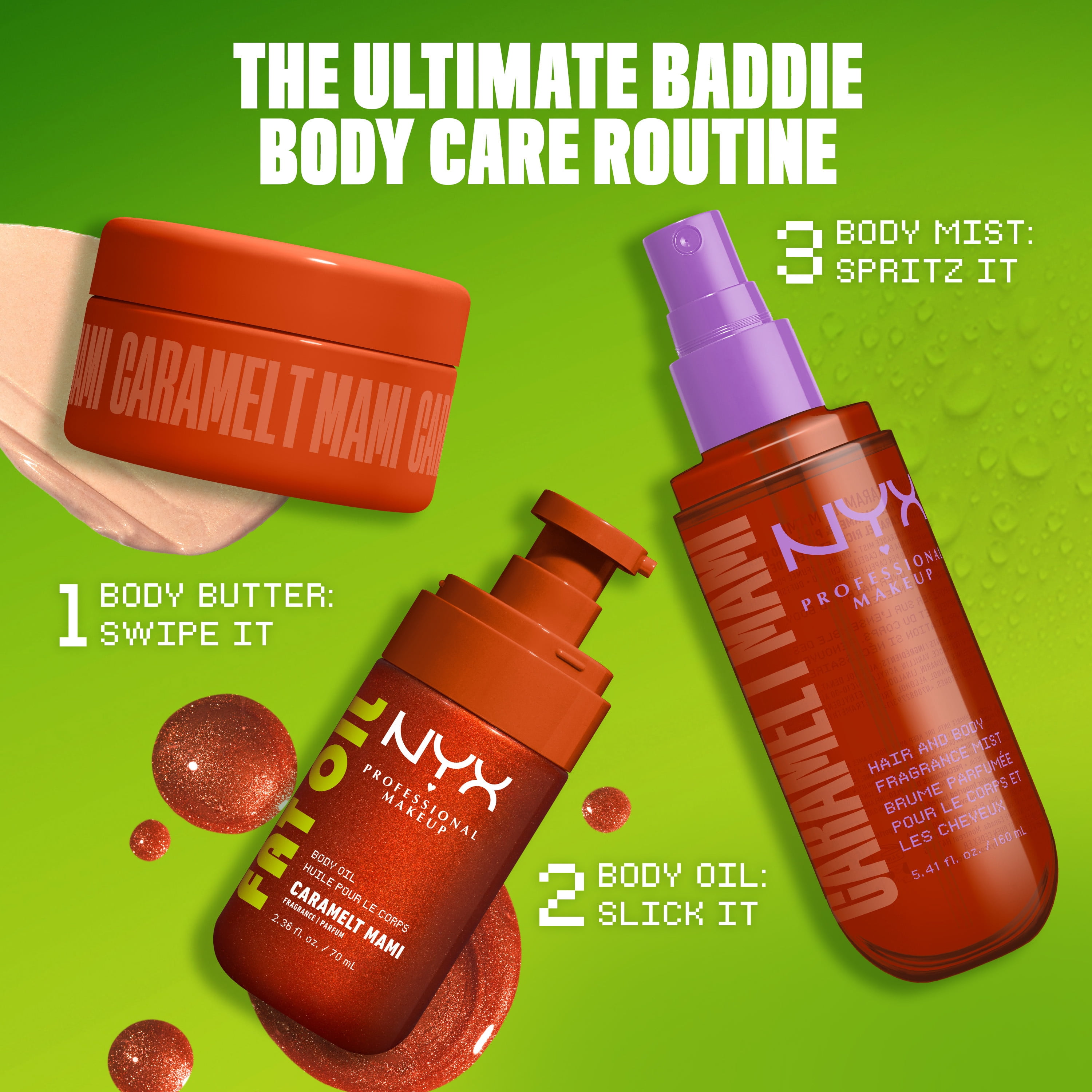 NYX Professional Makeup Fat Oil Caramel Pistachio Sweet Body Spray Hair Mist, Caramelt Mami, 5.4 fl oz