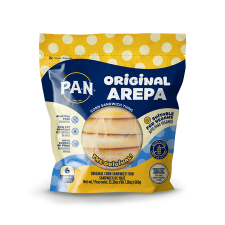 PAN Snack On Pre-Cooked White Corn Frozen Arepa. 6 Units or 23.28 oz. per box.
